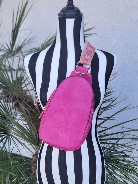 Handbags - Fuchsia Vegan Leather cross body Sling Bag with Guitar Strap